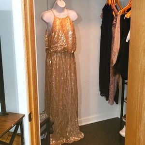 Donna Morgan Champagne Gold Floor Dress Sz 8 Tall